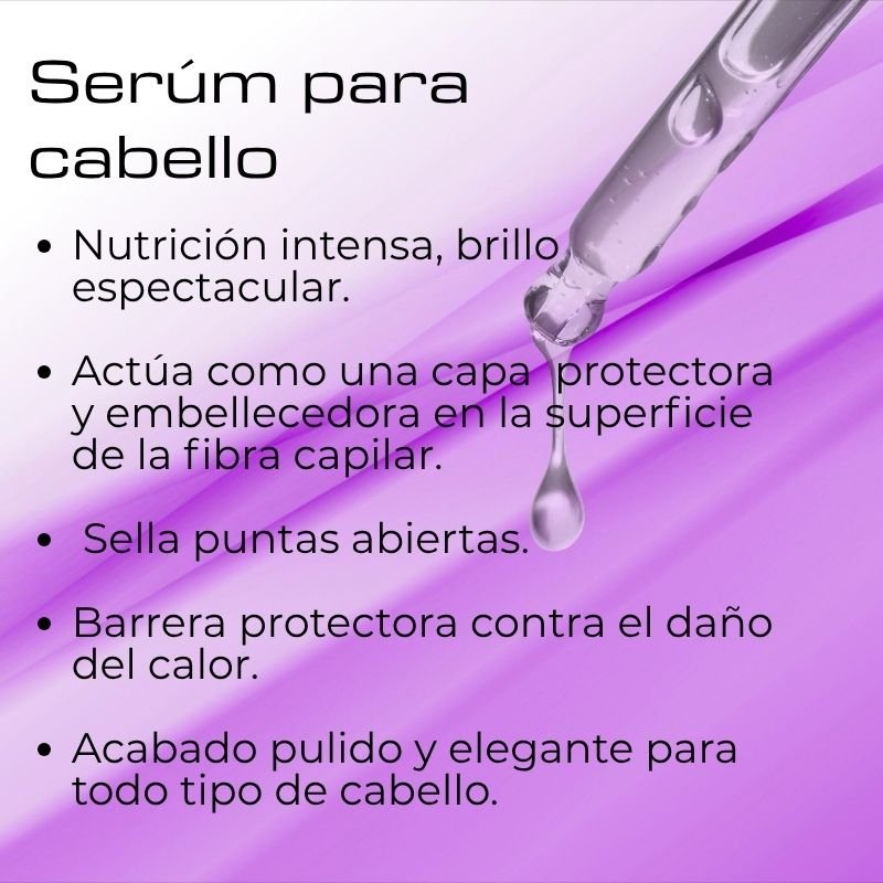 Beneficios sérum para cabello: 1) Nutrición intensa, brillo espectacular. 2) Actúa como una capa protectora y embellecedora en la superficie de la fibra capilar. 3) Sella puntas abiertas. 4) Barrera protectora contra el daño del calor. 5) Acabado pulido y elegante para todo tipo de cabello.
