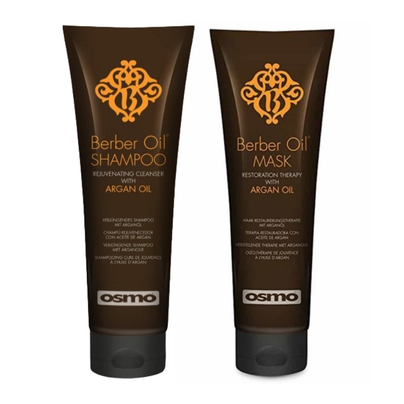 Pack Osmo Berber Oil con shampoo rejuvenecedor y mascarilla reconstructiva aceite argán para reparación intensa del cabello.