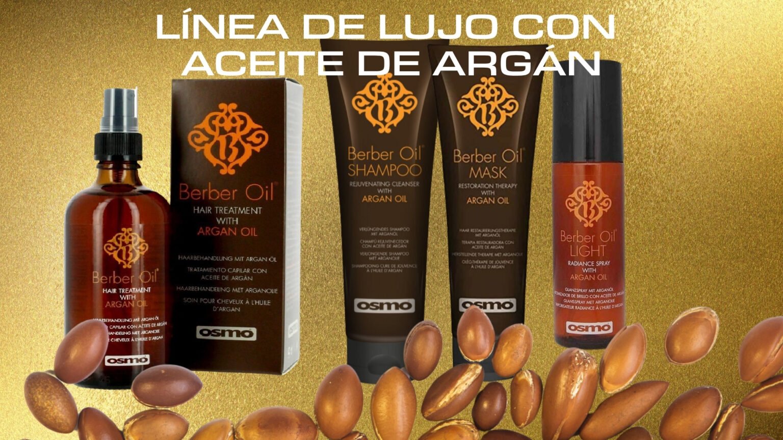 Productos de la línea de lujo OSMO que restauran e hidratan el cabello. El ingrediente principal es el nutritivo Argán - Aceite puro.