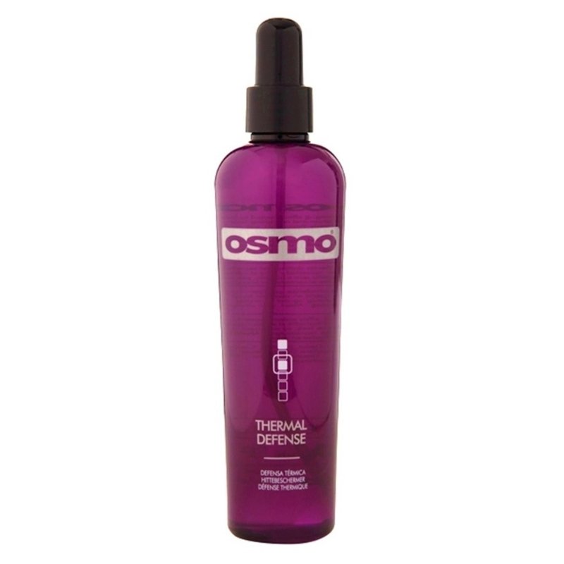 OSMO Thermal Defense, termo protector para cabello en botella morada, protege el cabello del calor de secadoras, planchas y toda herramienta de calor.