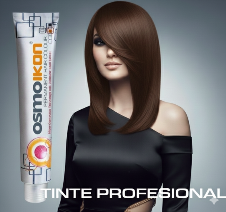 imagen mostrando un tubo de tinte profesional marca OSMOIKON y una modelo con cabello largo, liso luciendo el resultado de tinte tono 4NW de la marca.