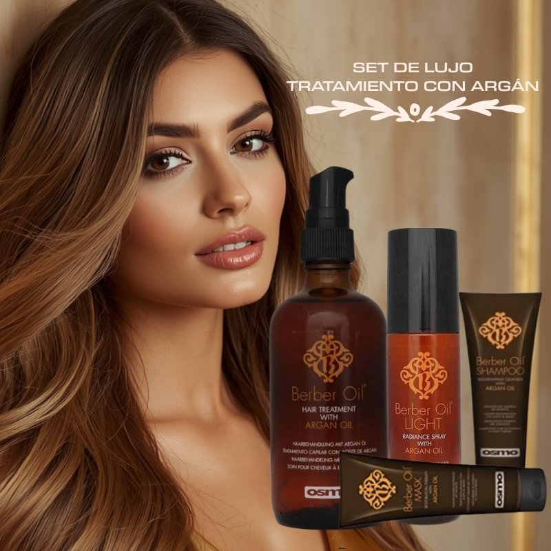 imagen con una modelo de cabello largo rubio cenizo claro ondulado que denota un brillo deslumbrante y sano con imagen superpuesta de 3 productos de la línea con aceite de Argán de OSMO hair products, marca creada y producida en Inglaterra.