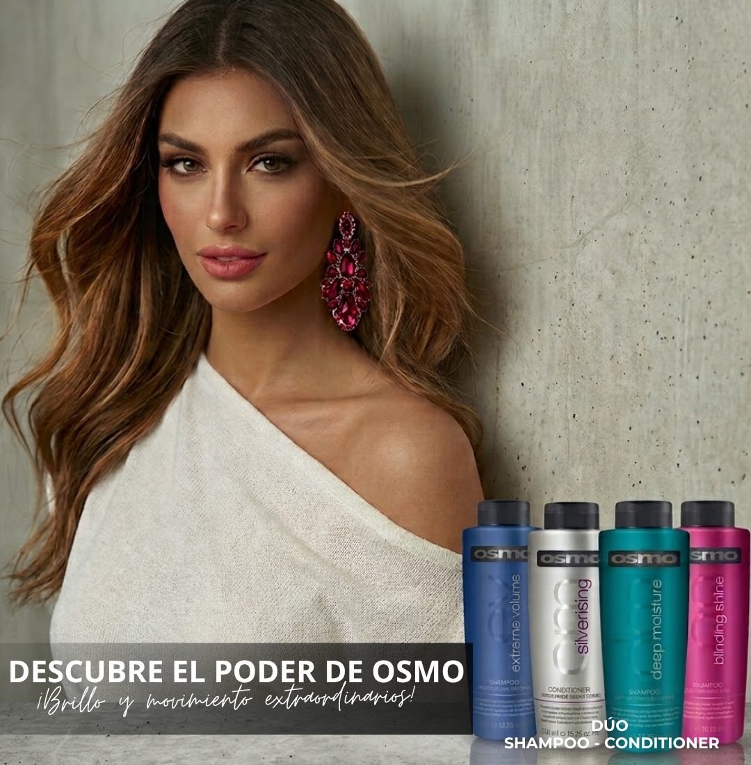 LÍNEA DE SHAMPOO Y ACONDICIONADOR OSMO, MODELO CON CABELLO HERMOSO Y BRILLANTE